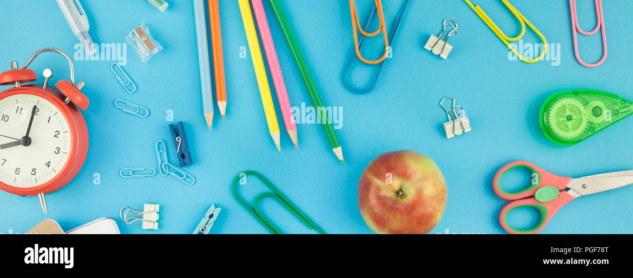 Creative flat lay top view back to school concept with color school and ...