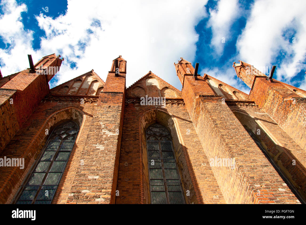 Old church in Chelmno - view on wall and  stained-glass  windows. Stock Photo