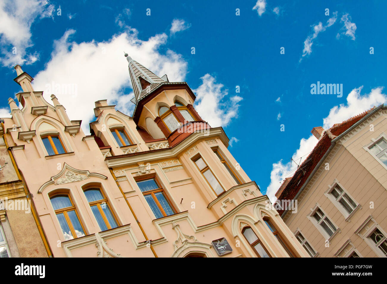 View on old colorful tenement house in Chelmno - Poland. Stock Photo