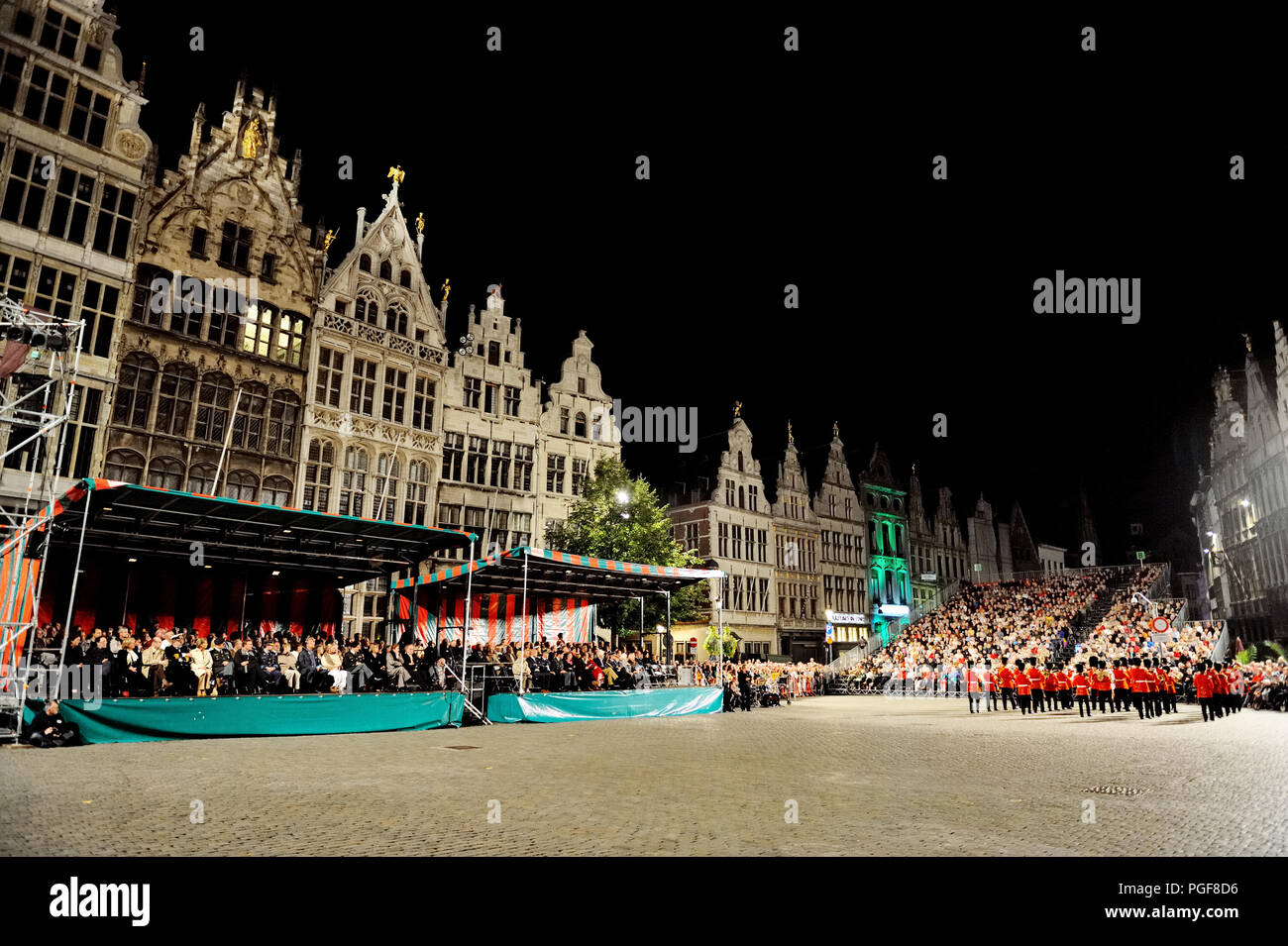 The Guildhalls on the Central Square in Antwerp bathing in special lighting during the Military Tattoo for the Deliverance festivities (Belgium, 06/09 Stock Photo