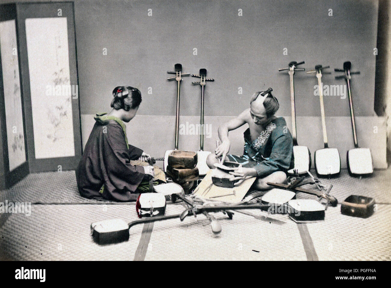 [ c. 1870s Japan Japanese Shamisen Craftsman ] — A craftsman working