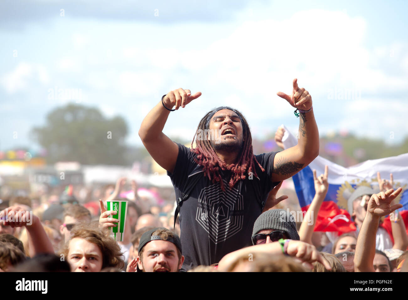 Fans enjoy watching Skindred performing on the main stage on day two at Reading Festival 25th august 2018 Stock Photo