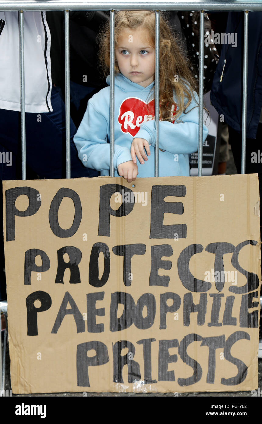 26/08/2018 Visit of Pope Francis to Ireland. Pictured is Madison Gardner (5) from Dublin, with other protestors who took part in the Stand4Truth solidarity march for victims of clerical abuse today, coinciding with Pope Francis' Mass in Dublin's Phoenix Park. The march began at the Garden of Remembrance in Dublin. The visit of Pope Francis comes soon after the most recent clerical abuse controversy to rock the Church, as a report claimed that over 300 priests who abused more than 1,000 children in Pennsylvania were protected by the Church - in addition to recent Irish scandals including report Stock Photo