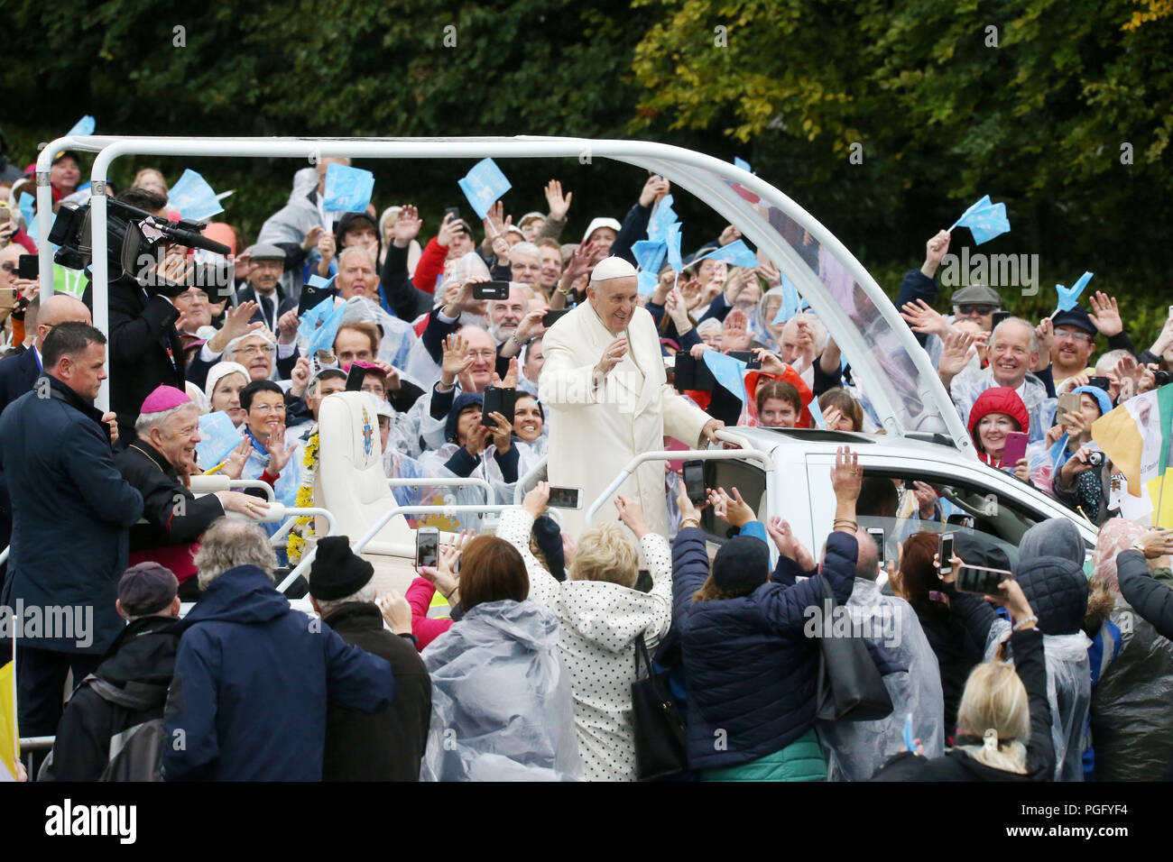 Dublin, Ireland. 26 August 2018. . Pope Knock Shrine. Pictured people wave  to greet His Holiness Pope Francis at Knock Shrine on the second day of his  Two day visit to Ireland