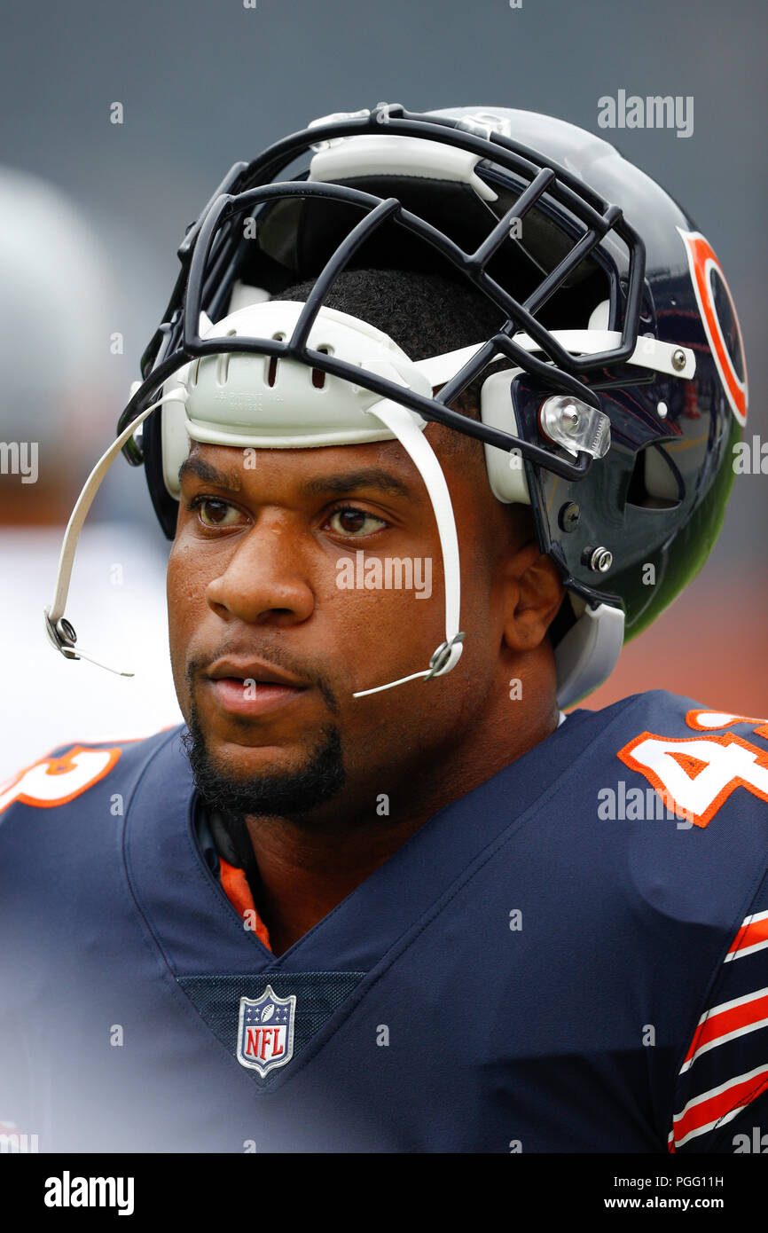 Illinois, USA. 25 August 2018. Bears #43 Knile Davis takes a break during  the NFL Game between the Kansas City Chiefs and Chicago Bears at Soldier  Field in Chicago, IL. Photographer: Mike