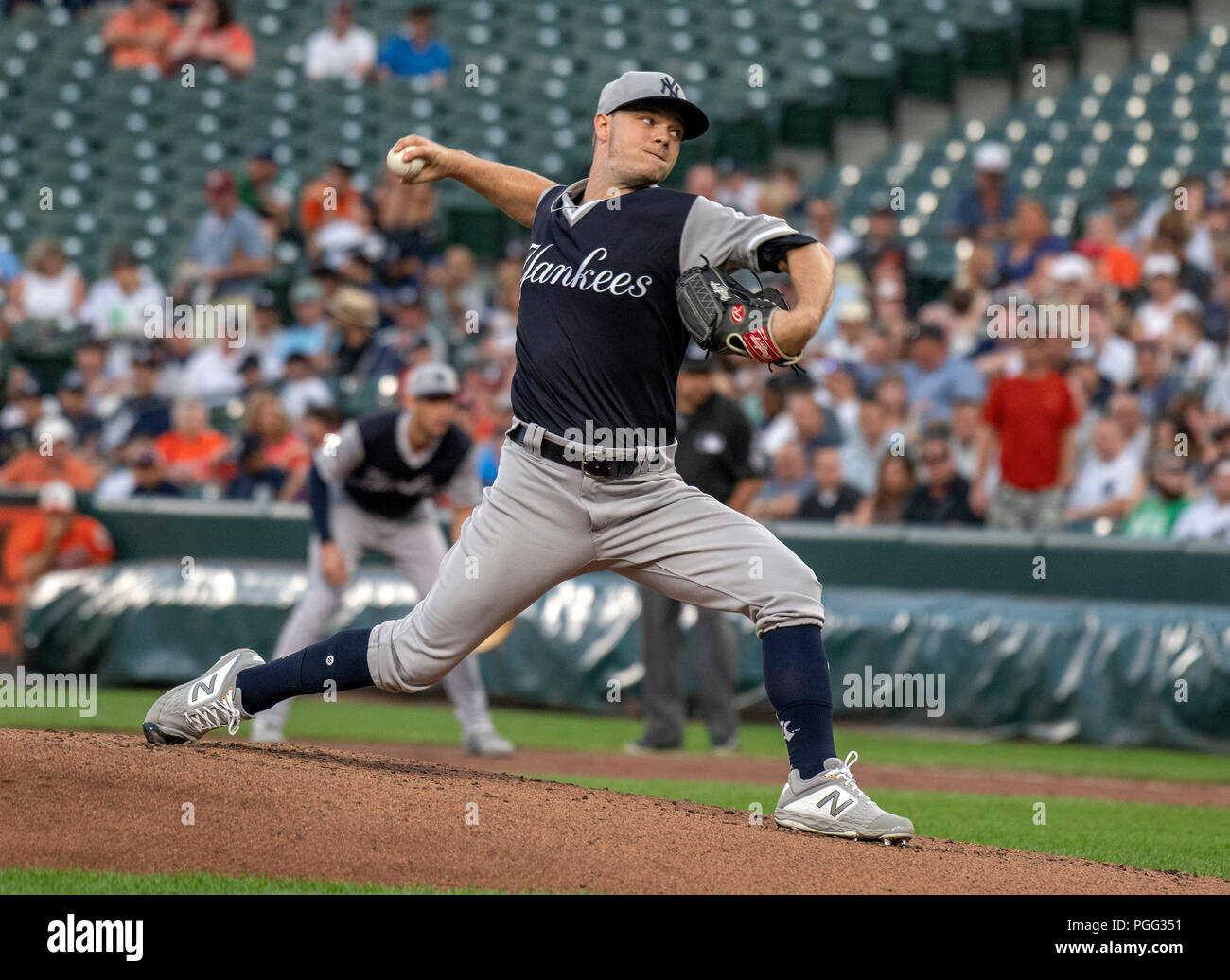 Baltimore, United States Of America. 25th Aug, 2018. New York Yankees  starting pitcher Sonny Gray (55) works in the first inning against the  Baltimore Orioles at Oriole Park at Camden Yards in