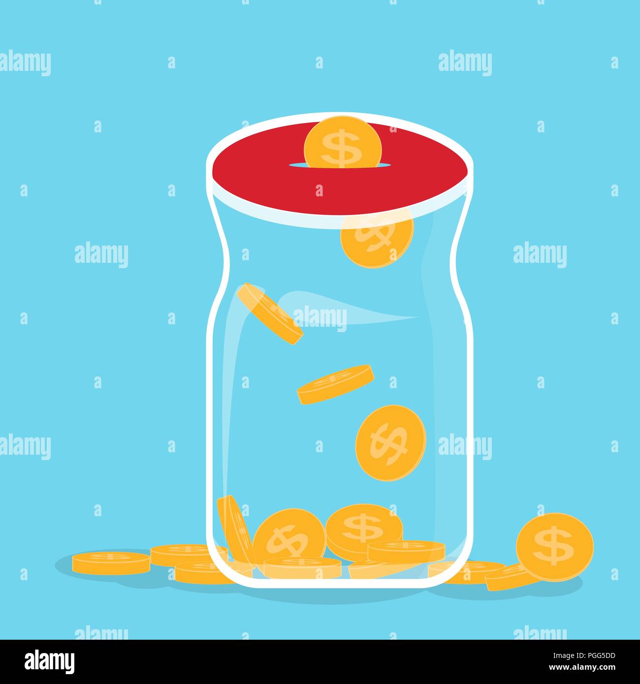 Glass bank with falling gold coins - Contribution to the Future. Vector Illustration Stock Vector