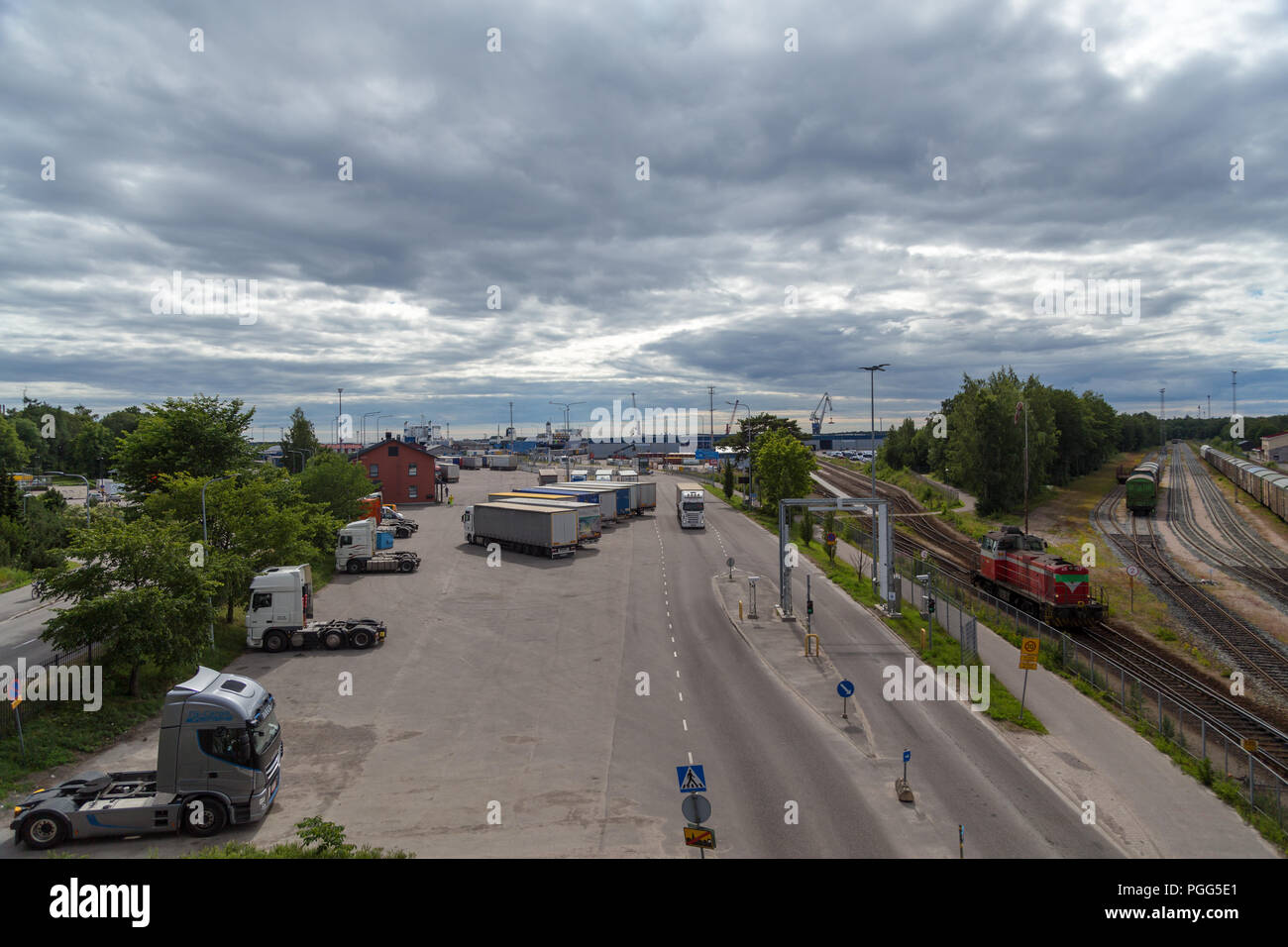 Editorial 07.06.2018 Hanko Finland, entrence of Port of Hanko with trailers and trains Stock Photo