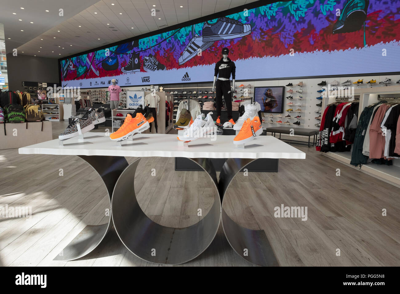 A display of Nike athletic shoes for sale at Kicks USA, a sporting goods store on Jamaica Ave in Jamaica, Queens, New York. Stock Photo