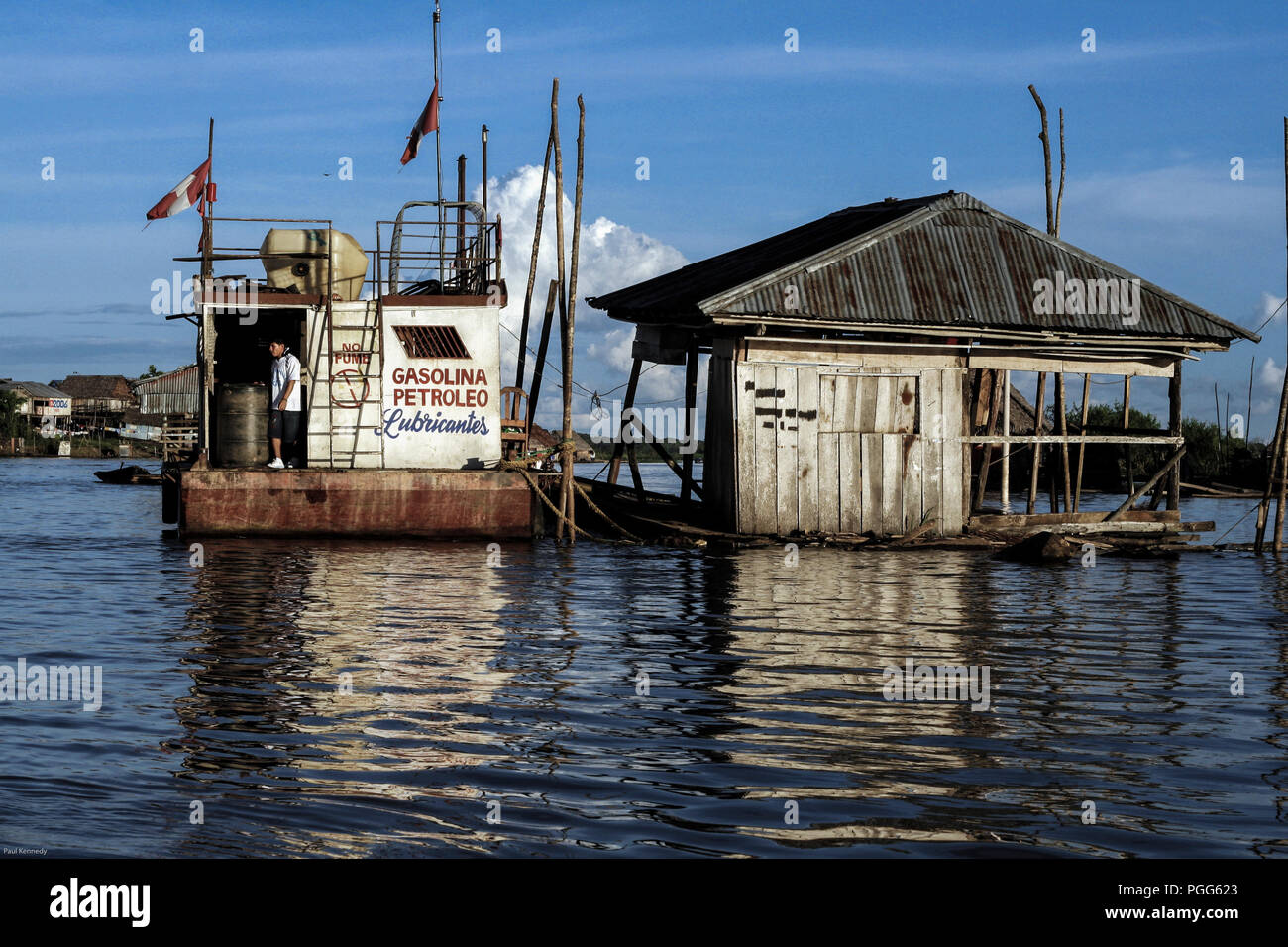 Diesel filling station for boats on the Amazon River in Belen, Iquitos, Peru Stock Photo