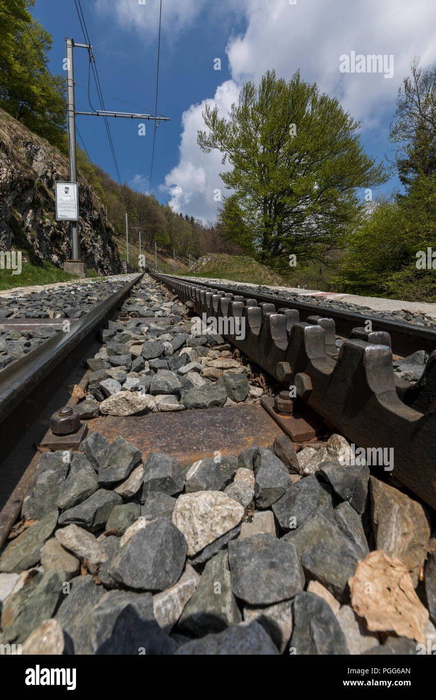 cog rail tracks of monte generoso train, ticino, switzerland Stock Photo