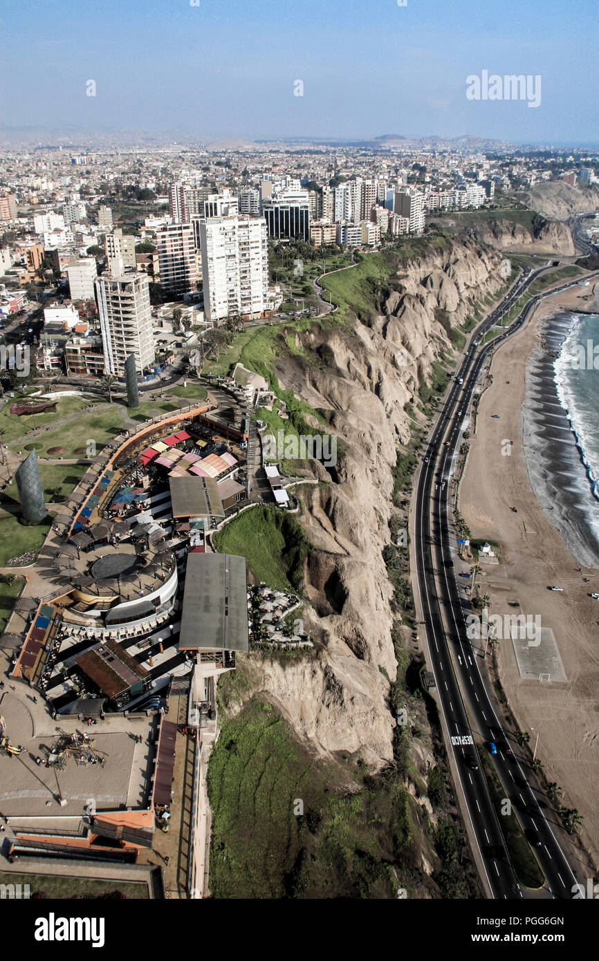 Aerial View Over High Rise Apartments And Coastal Cliffs Of Miraflores