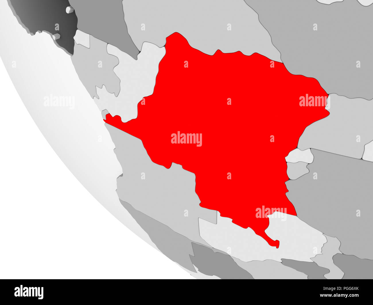 Democratic Republic of Congo in red on simple grey political globe with ...