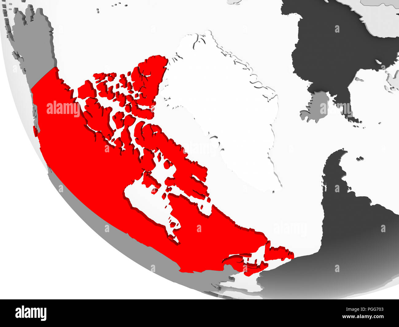 Canada in red on simple grey political globe with visible country