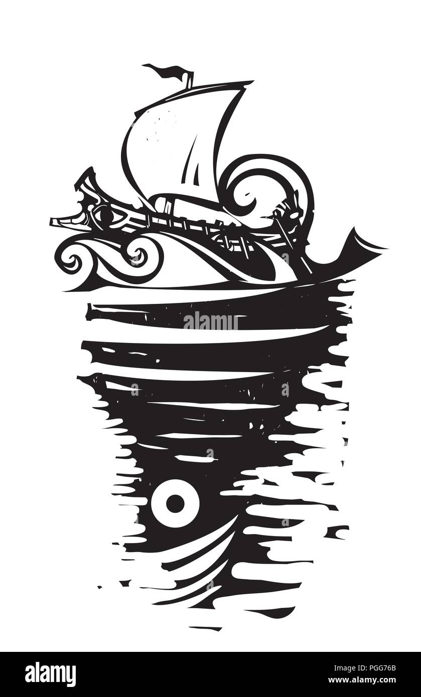 Woodcut image of the sea monster Charybdis and Odysseus ship Stock Vector