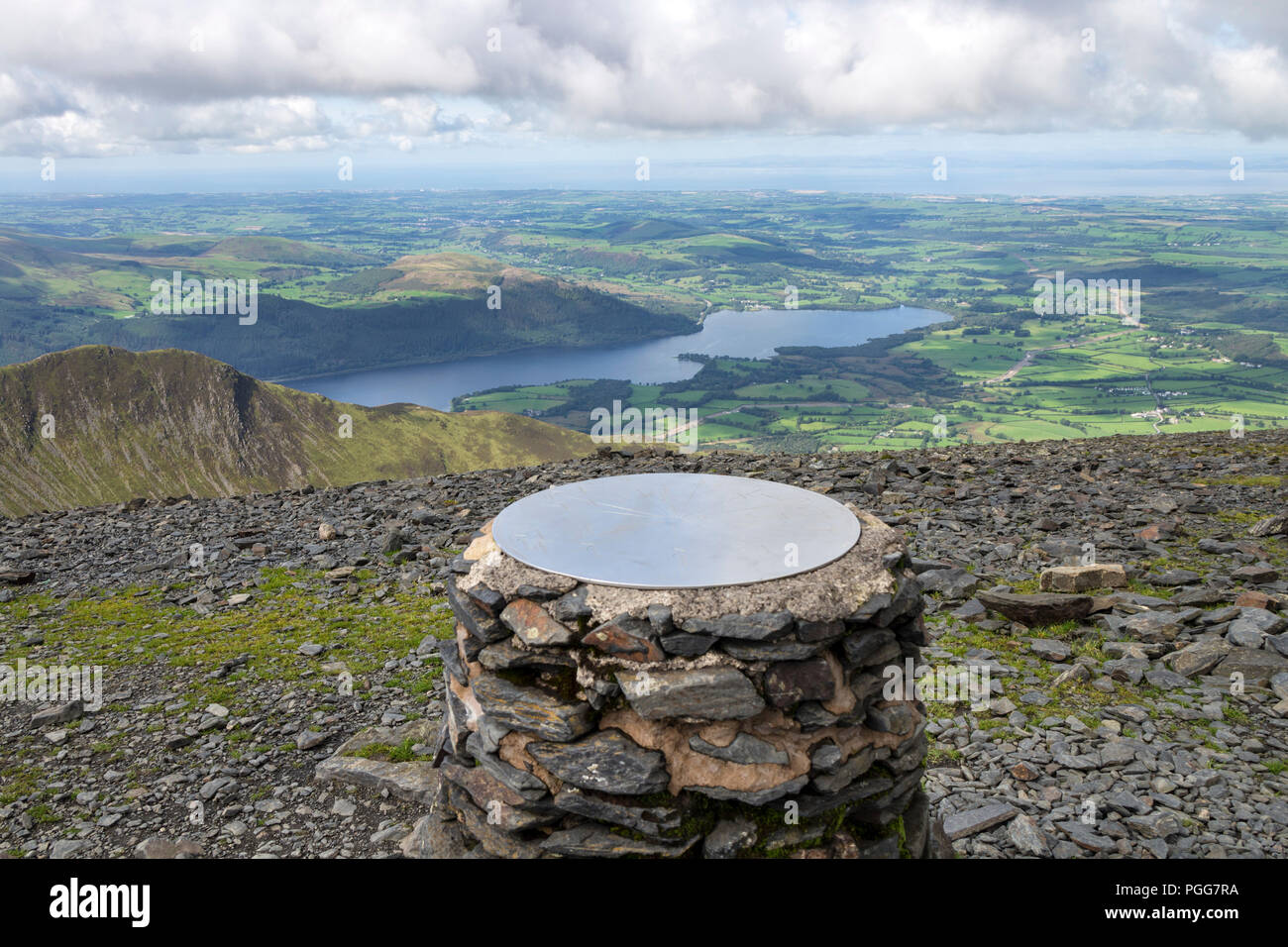 The Orientation Table on the Summit of Skiddaw and the View Over Bassenthwaite Lake Towards the Solway Firth, Lake District, Cumbria, UK. Stock Photo