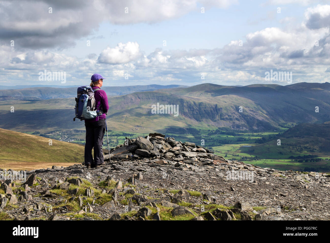 Walker on the Summit of Little Man with the View Towards Clough Head and the Dodds, Lake District, Cumbria, UK. Stock Photo