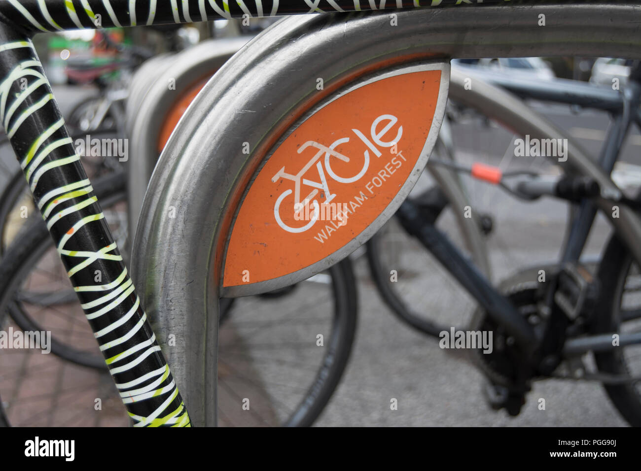 cycle waltham forest logo on cycle racks in walthamstow, in the london borough of waltham forest, england Stock Photo