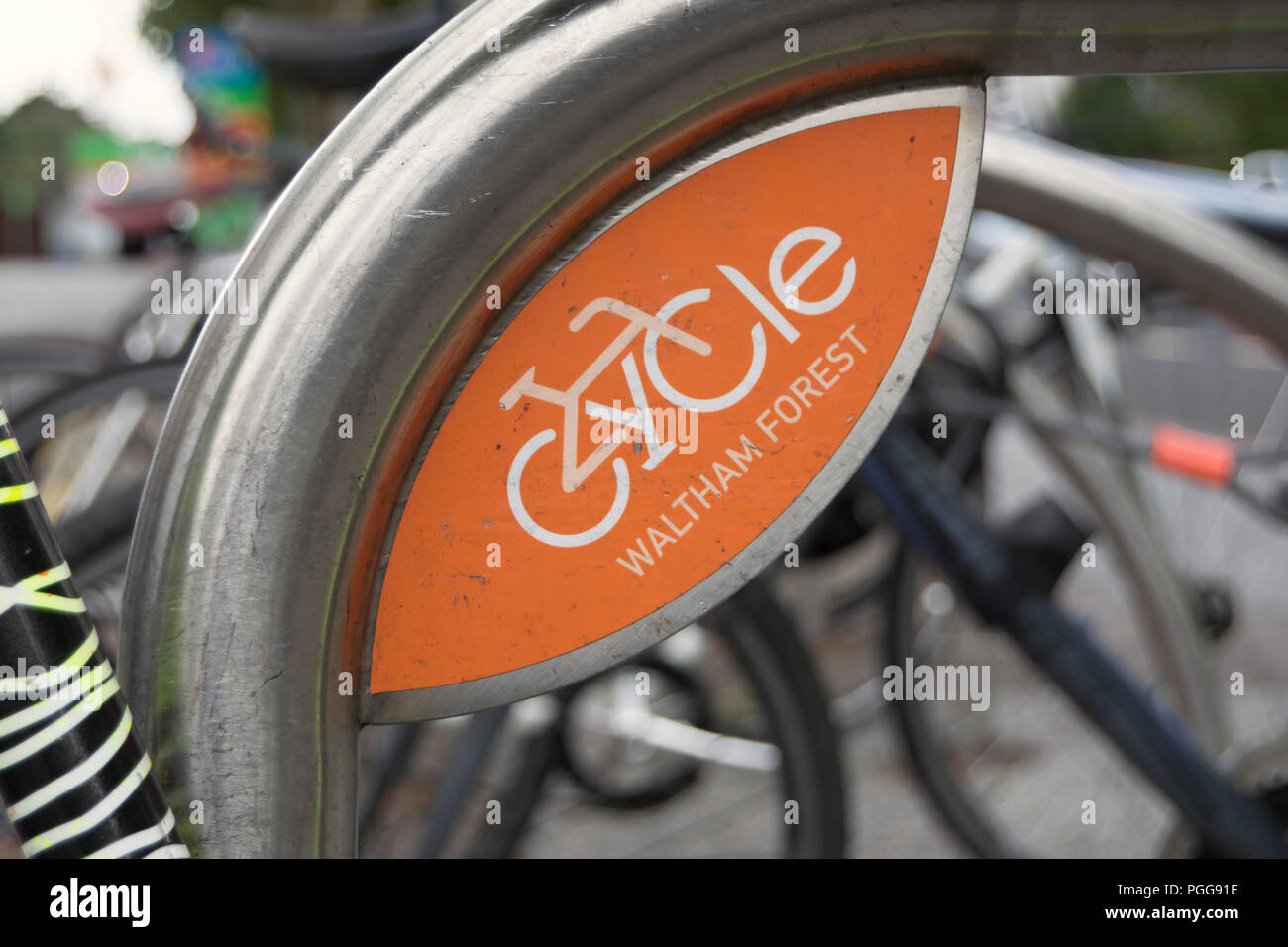 cycle waltham forest logo on cycle racks in walthamstow, in the london borough of waltham forest, england Stock Photo