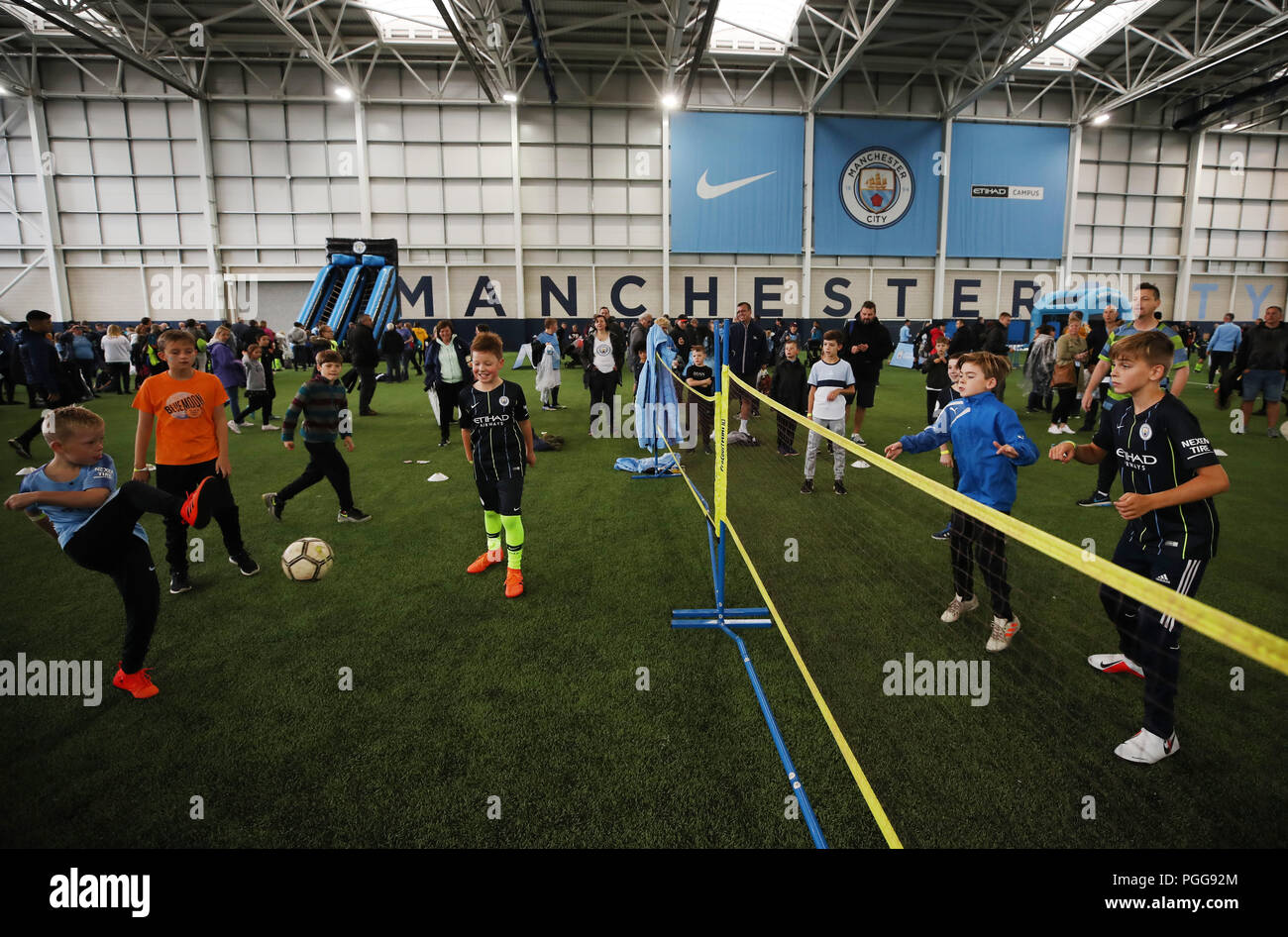 Manchester City fans playing at City Festival at the Academy Stadium, Manchester. PRESS ASSOCIATION Photo. Picture date: Sunday August 26, 2018. See PA story SOCCER Man City. Photo credit should read: Nick Potts/PA Wire Stock Photo