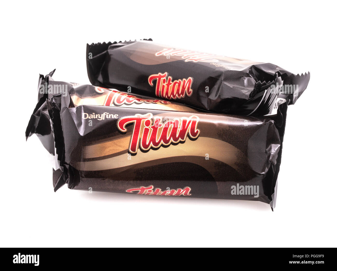 SWINDON, UK - AUGUST 19, 2018: Three Titan Chocolate bars on a White Background Stock Photo