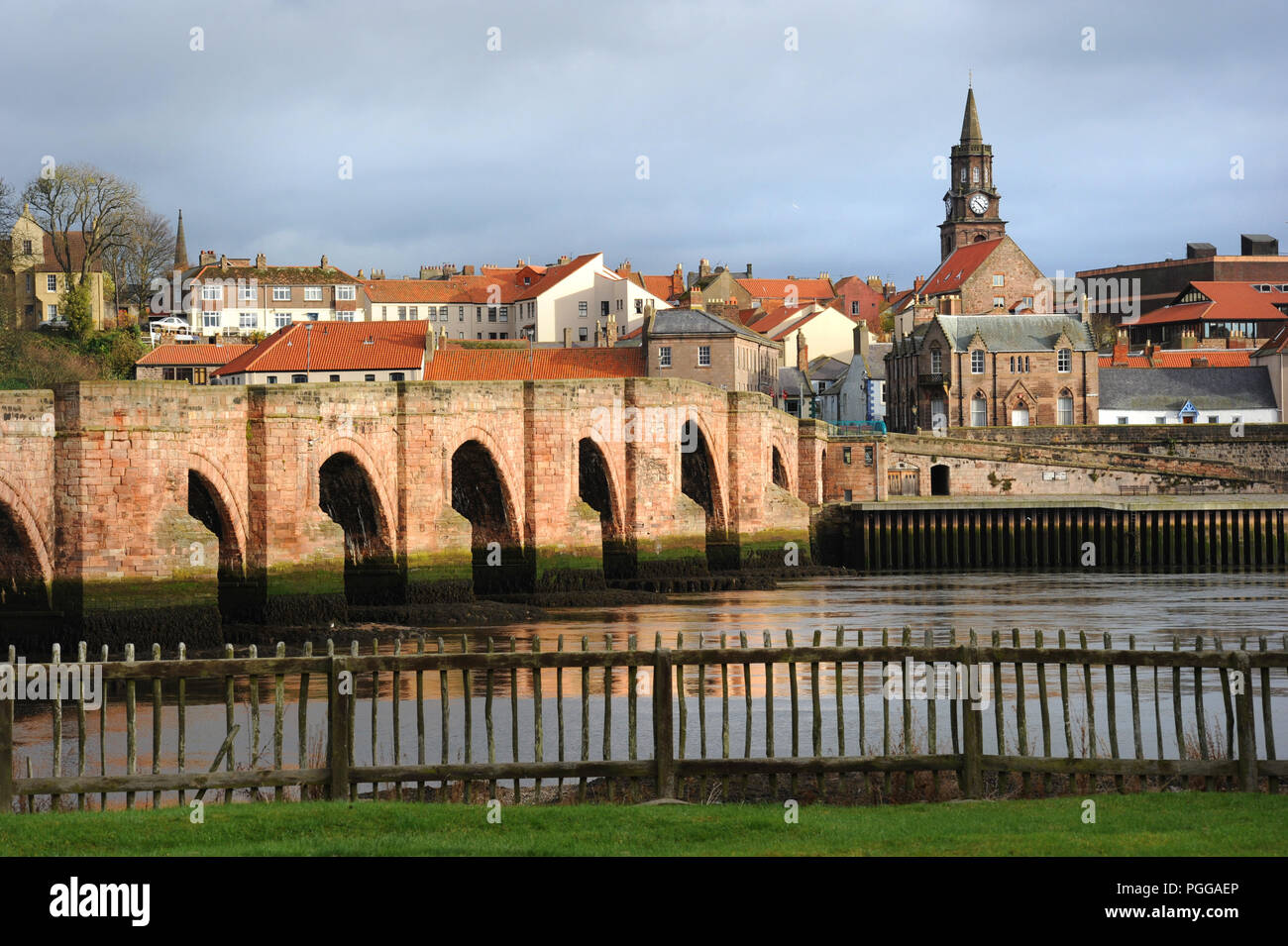 River Tweed flows under Berwick Bridge at Berwick upon Tweed