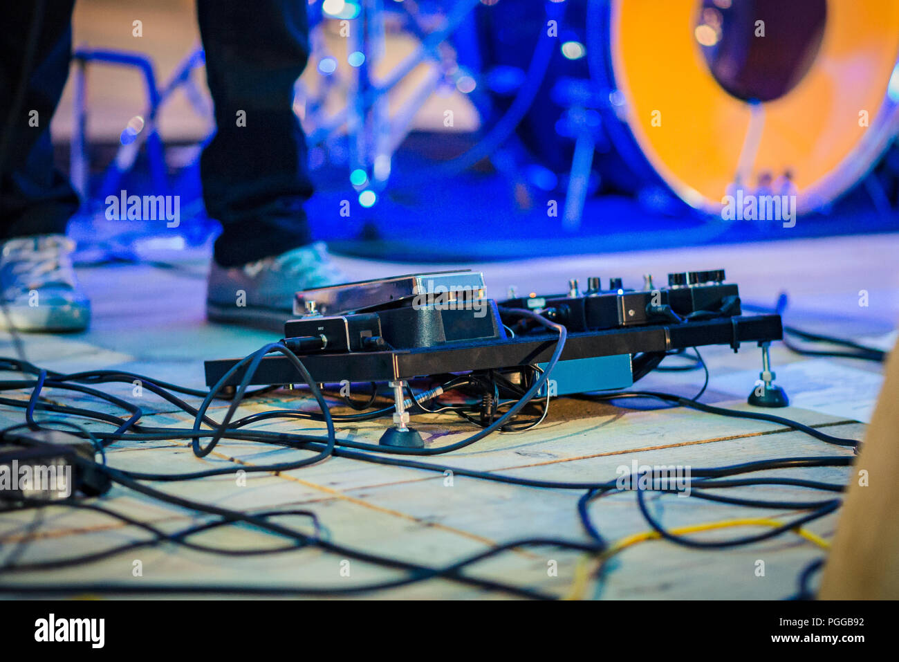 Close up of guitar pedal board. Stock Photo