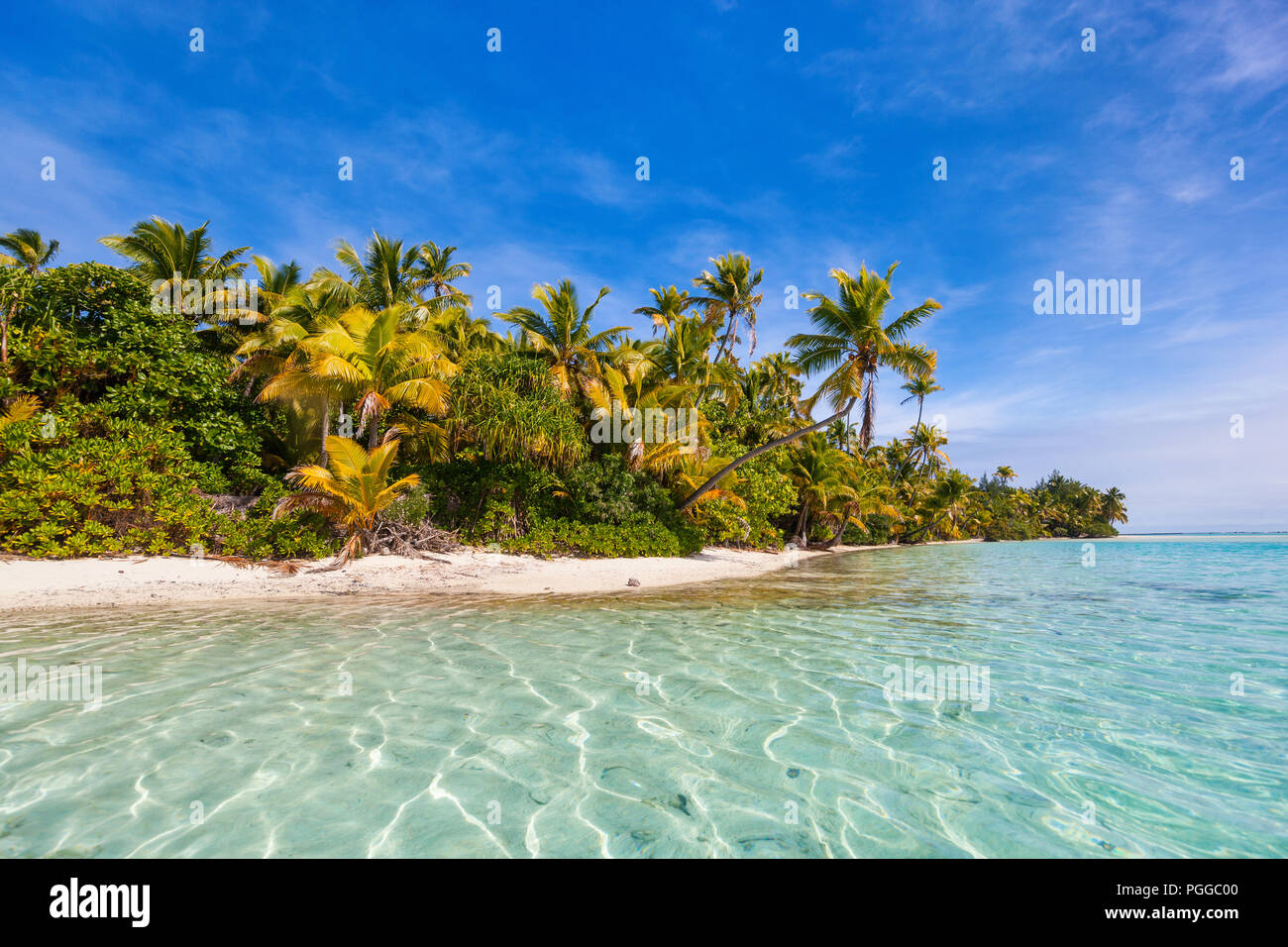 Stunning tropical Aitutaki One Foot island with palm trees, white sand, turquoise ocean water and blue sky at Cook Islands, South Pacific Stock Photo