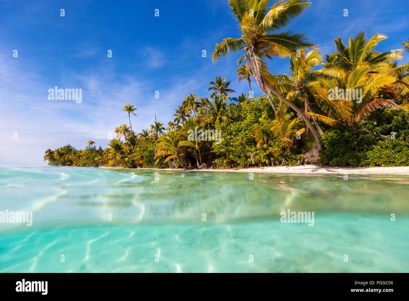 Stunning tropical island with palm trees, white sand, turquoise ocean water and blue sky at Cook Islands, South Pacific Stock Photo