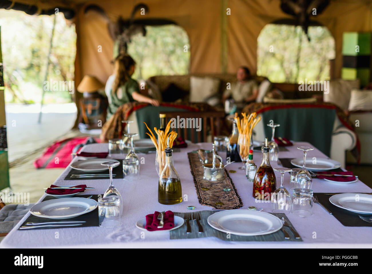 Table setting in a restaurant for romantic lunch or dinner Stock Photo