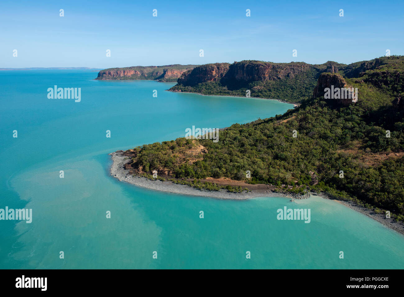 Australia, Western Australia, Kimberley, Hunter River Region. Aerial view of the Mitchell River region coastline where it meets the Timor Sea. Stock Photo