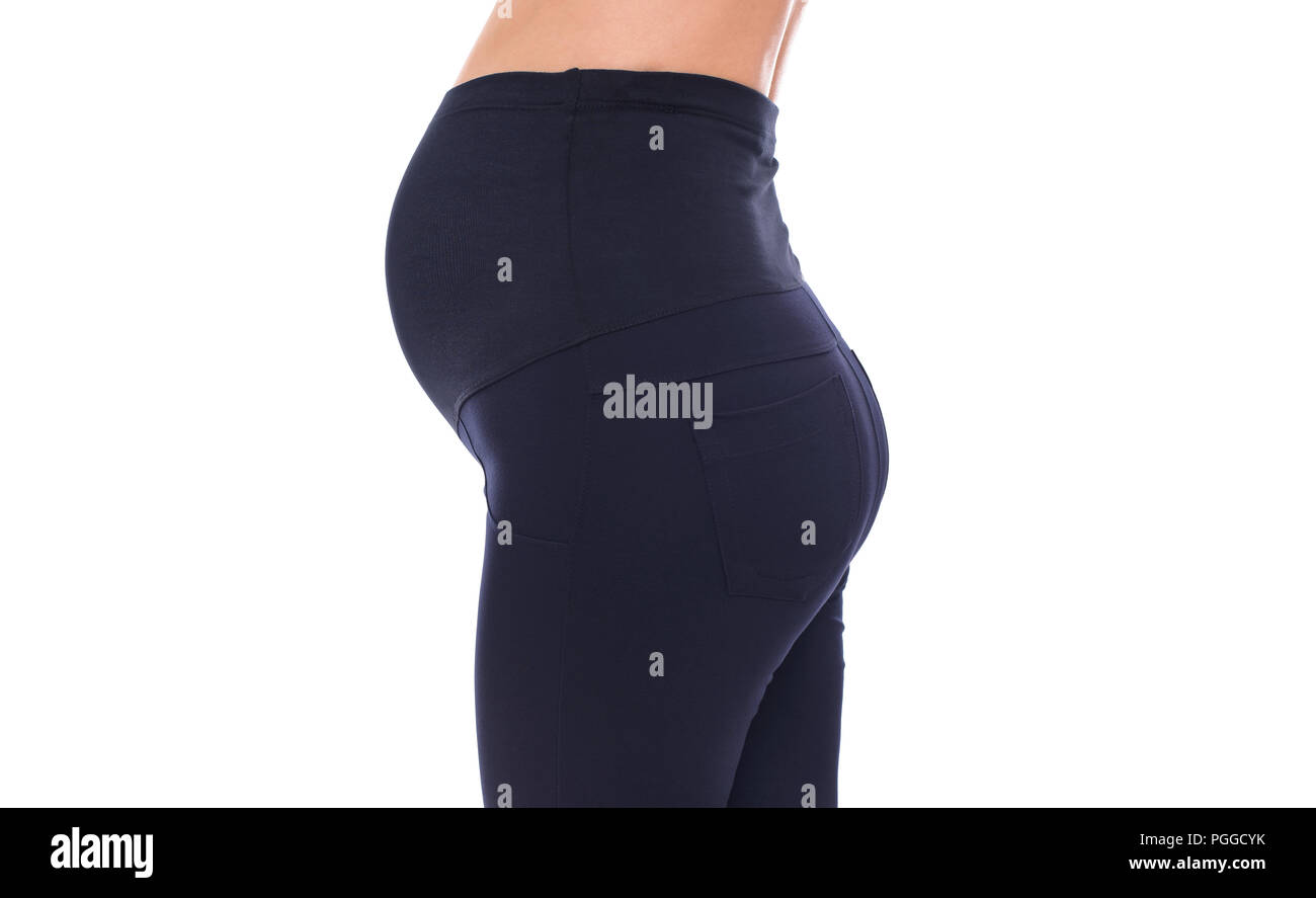 Pants for pregnant women. Special elastic band for the abdomen. Stock Photo