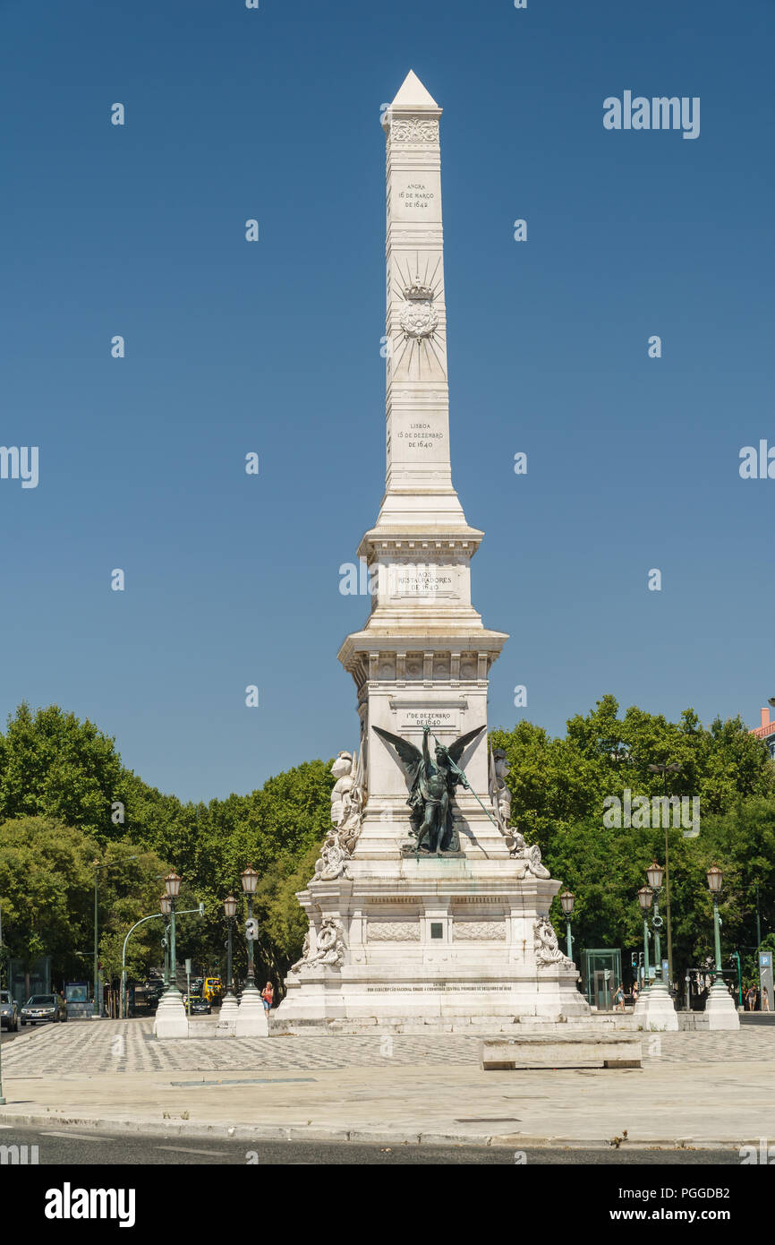 LISBON, PORTUGAL - AUGUST 20, 2017: Monument To The Restores Is A Monument Located In Restauradores Square (Praca dos Restauradores) One Of The Main T Stock Photo