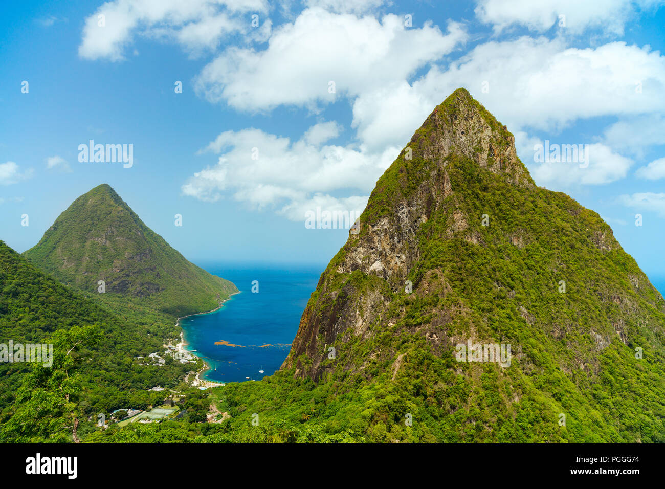 Iconic view of Piton mountains on St Lucia island in Caribbean Stock