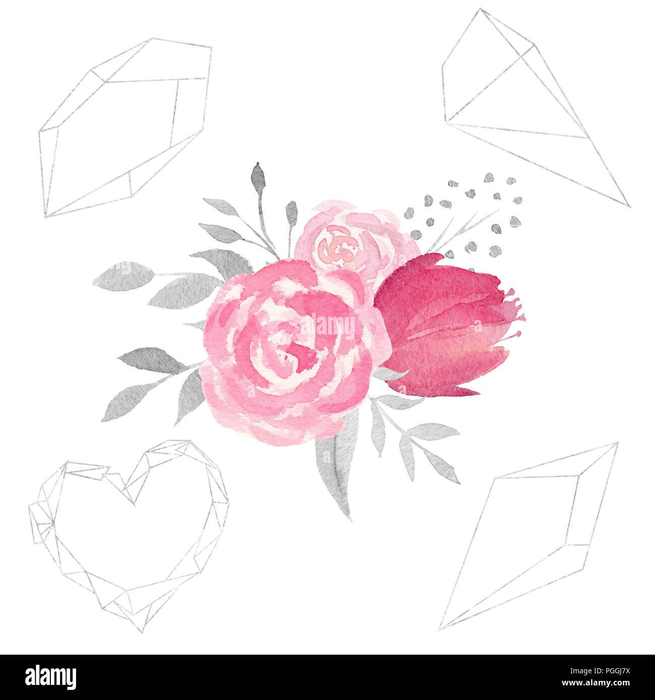 set of watercolor floral composition with flowers leaves and