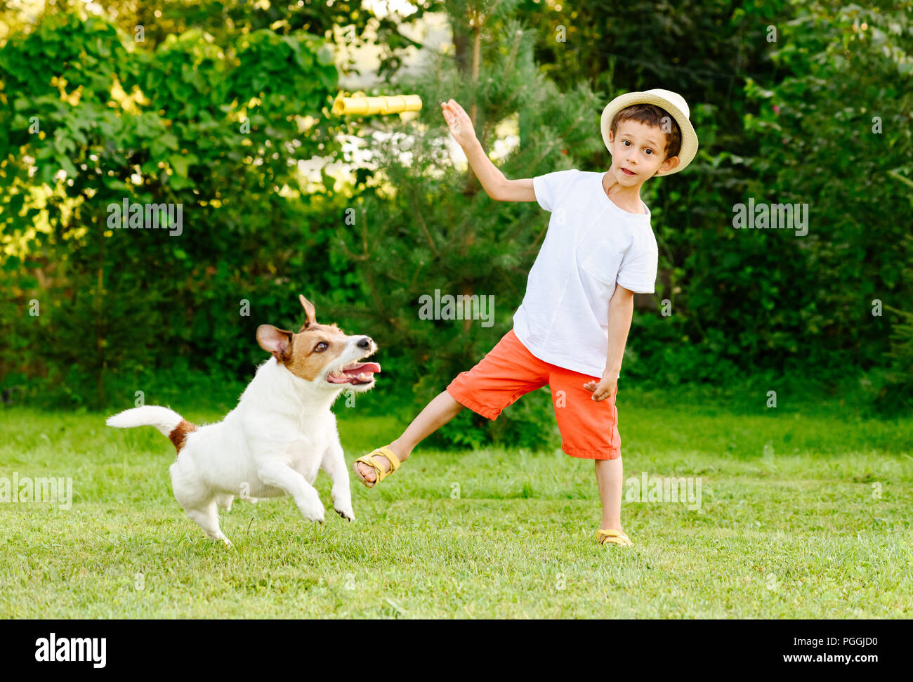Funny kid boy throws stick to his dog playing fetch game Stock Photo