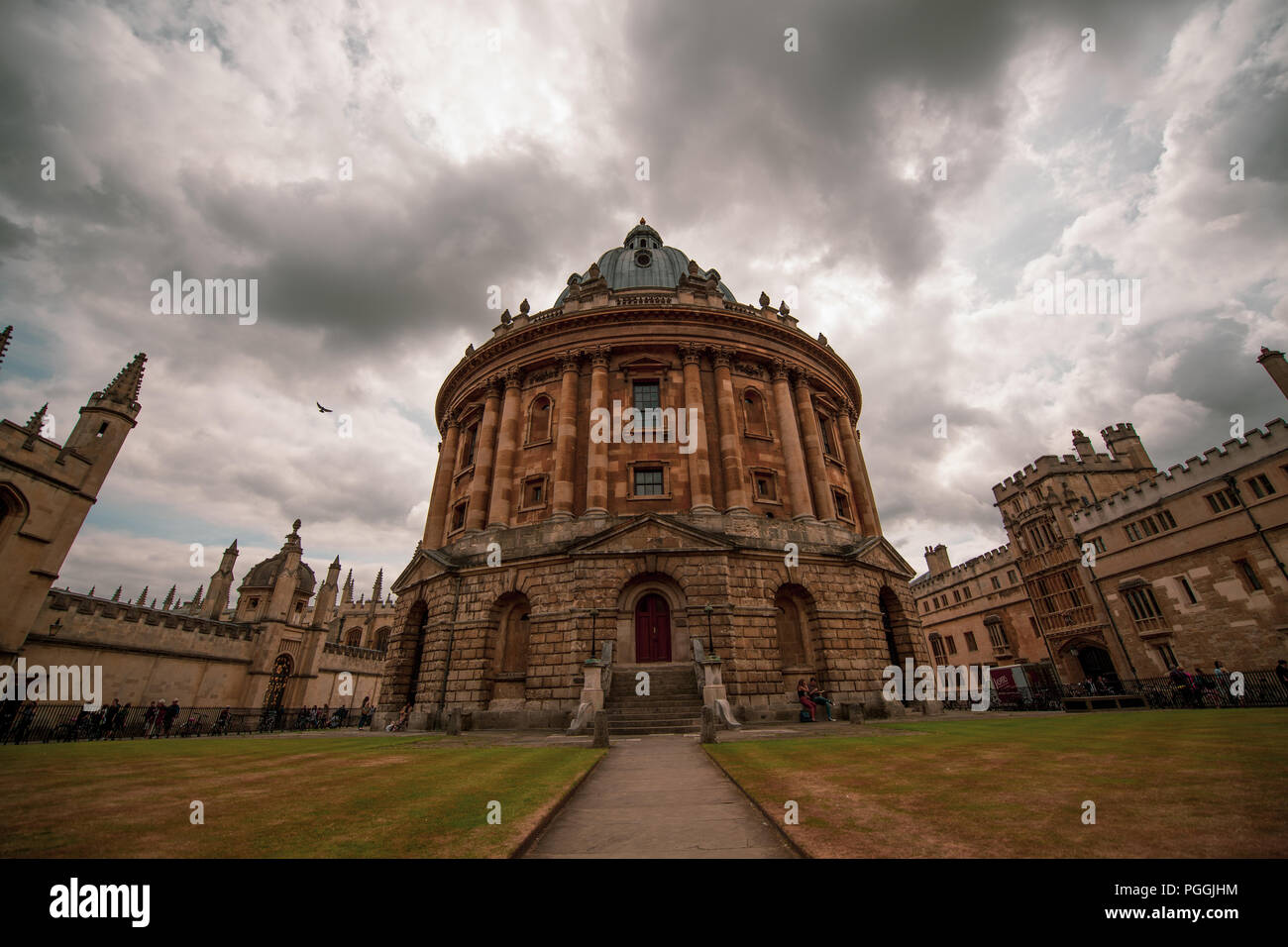 The Radcliffe Camera, part of the Bodleian library, at the University of Oxford, England, with a moody sky, an amazing piece of architecture. Stock Photo