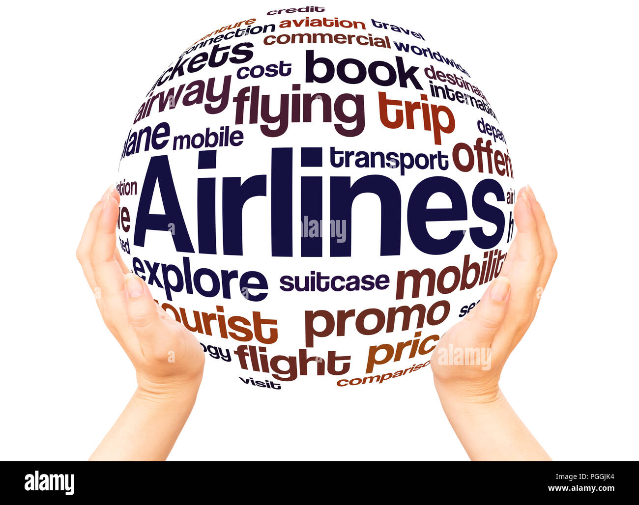 Airlines word cloud hand sphere concept on white background. Stock Photo