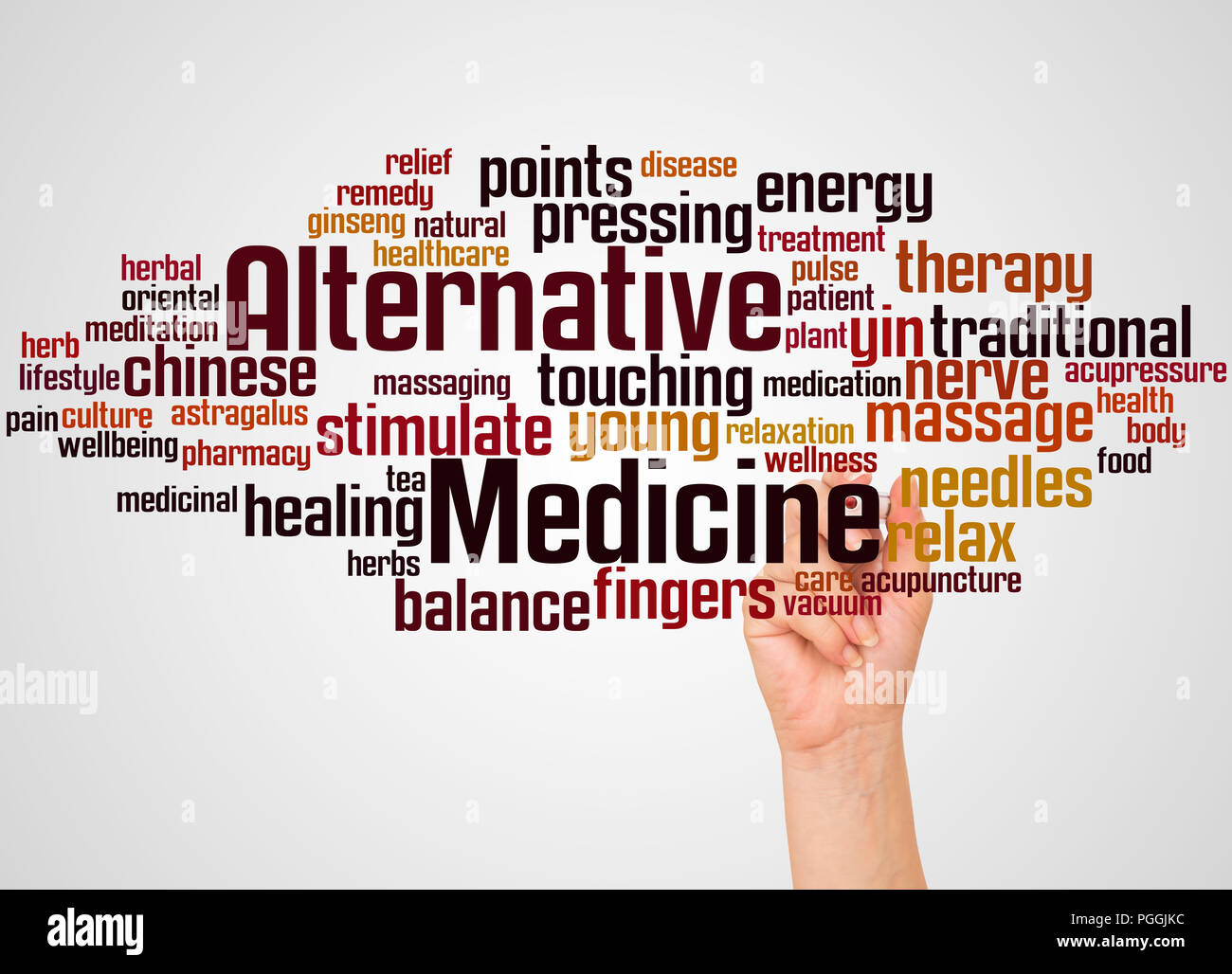 Alternative medicine word cloud and hand with marker concept on gradient background Stock Photo