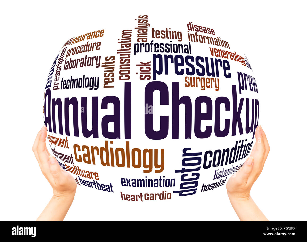Annual checkup word cloud sphere concept on white background. Stock Photo