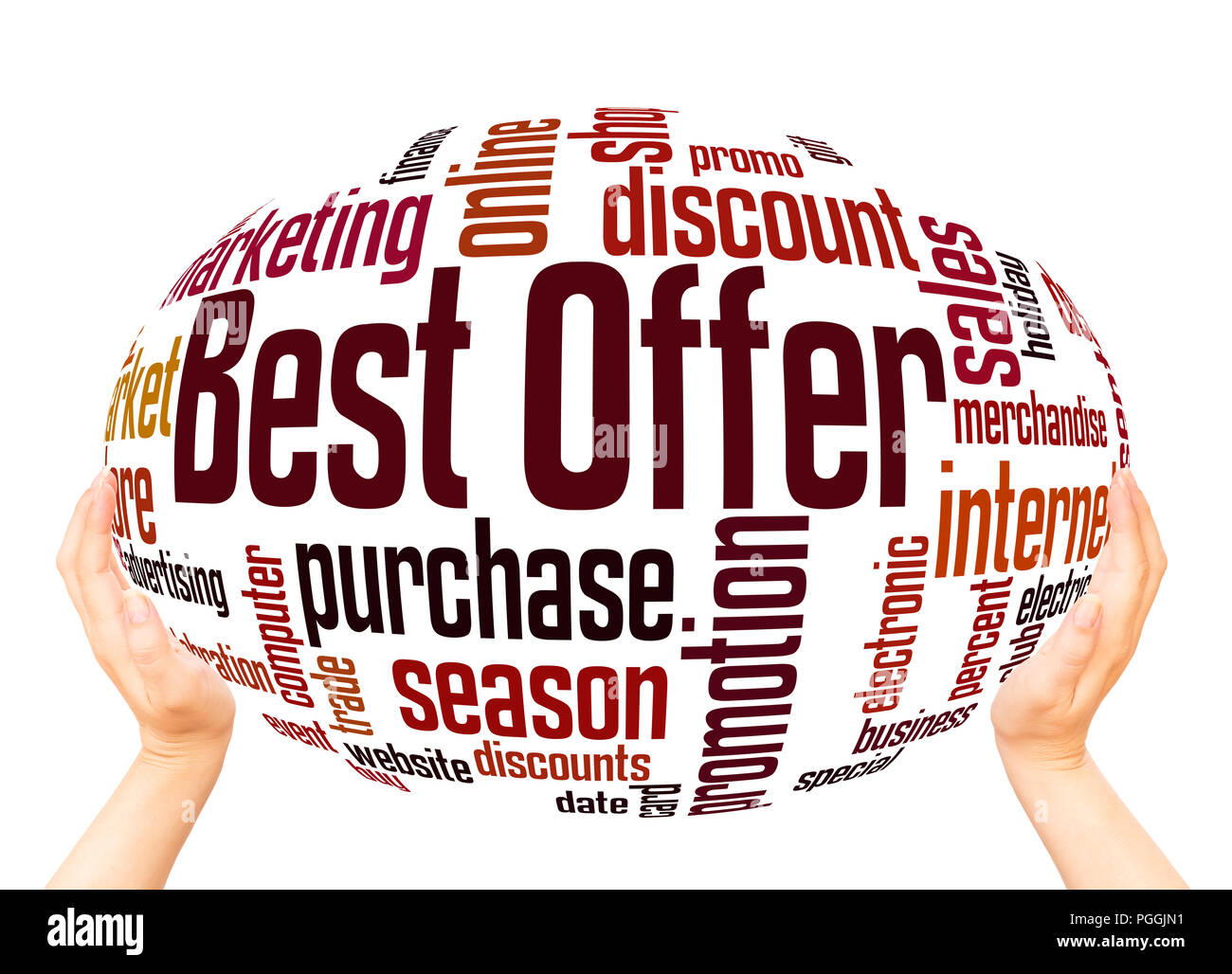 Best offer word cloud sphere concept on white background. Stock Photo