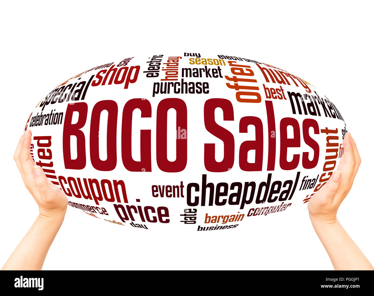 BOGO sales word cloud sphere concept on white background. Buy One Get