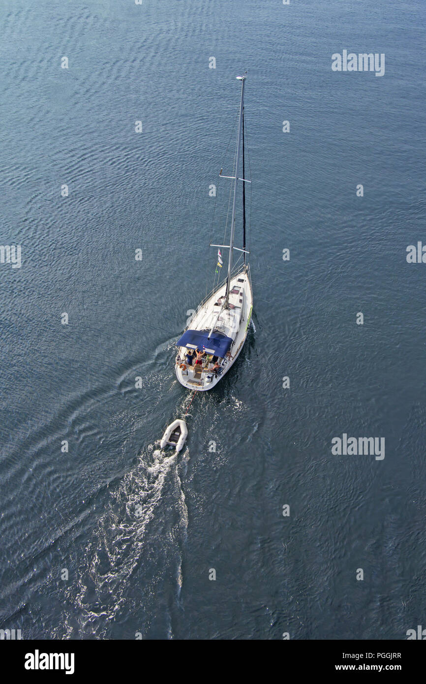 Aerial view to Sailing ship Yacht in blue sea Stock Photo - Alamy