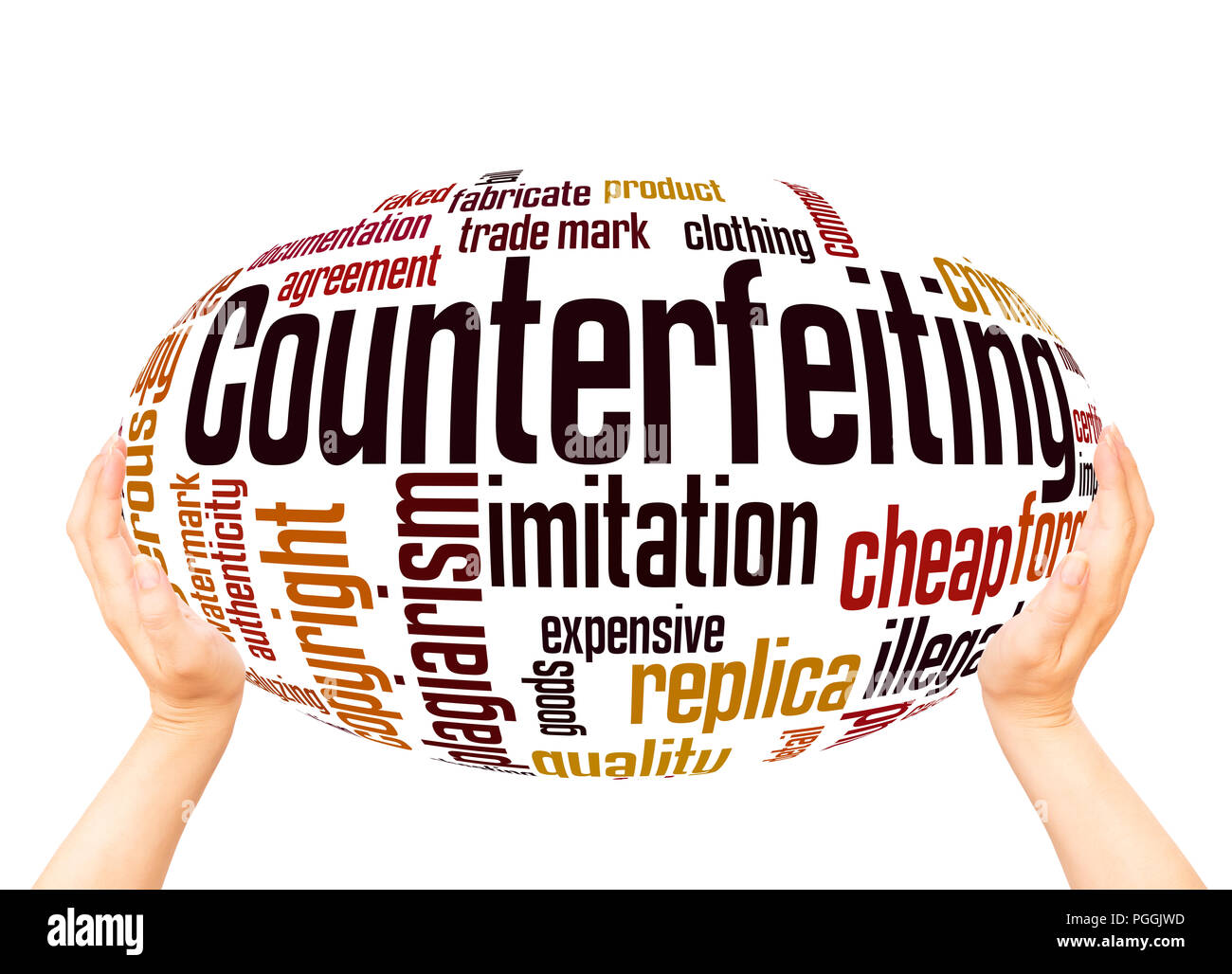 Counterfeiting word cloud sphere concept on white background. Stock Photo