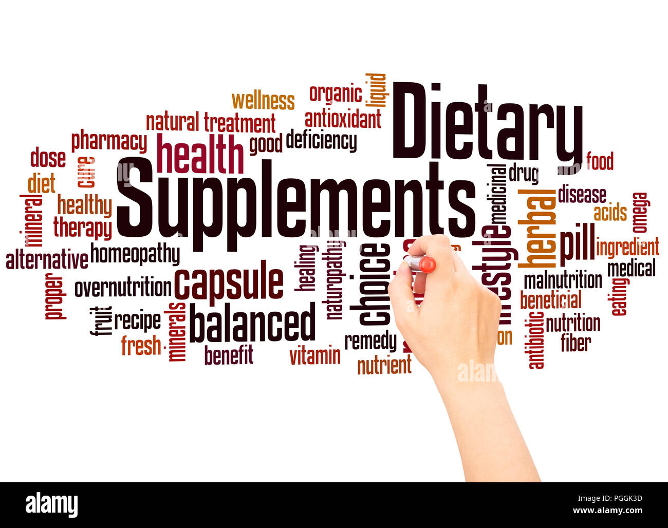 Dietary supplements word cloud and hand writing concept on white