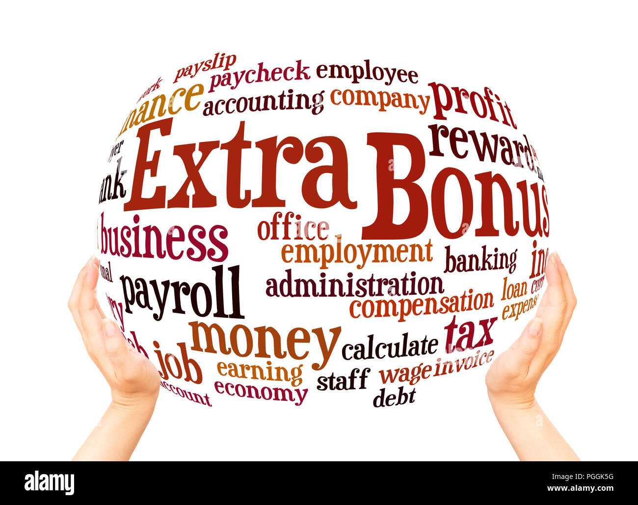 Extra bonus word cloud sphere  concept on white background. Stock Photo