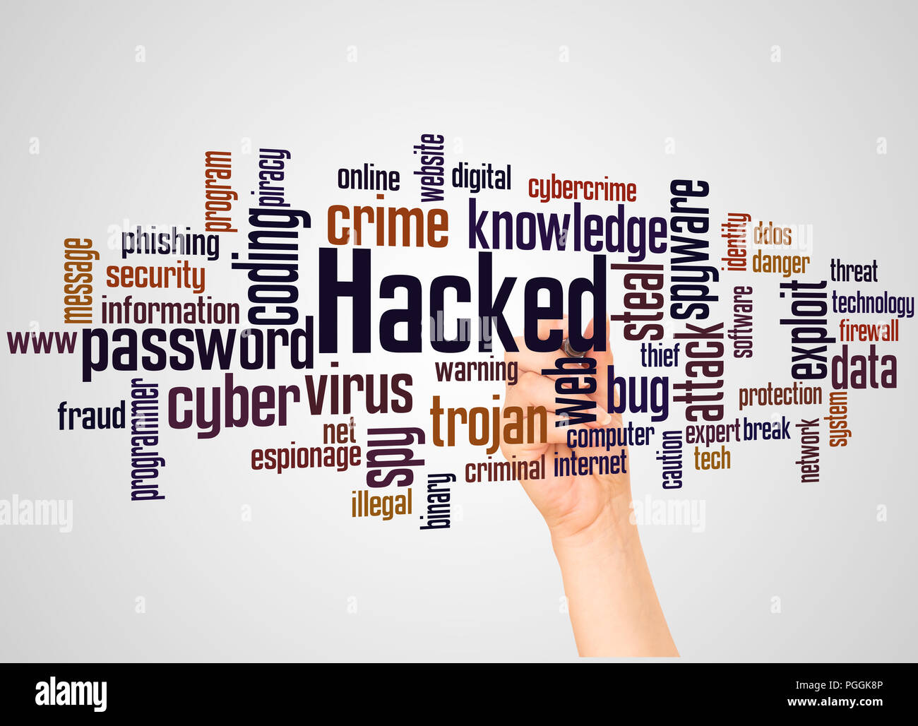 Hacked word cloud and hand with marker concept on gradient background. Stock Photo