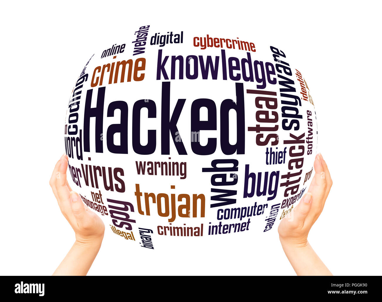 Hacked word cloud sphere concept on white background. Stock Photo