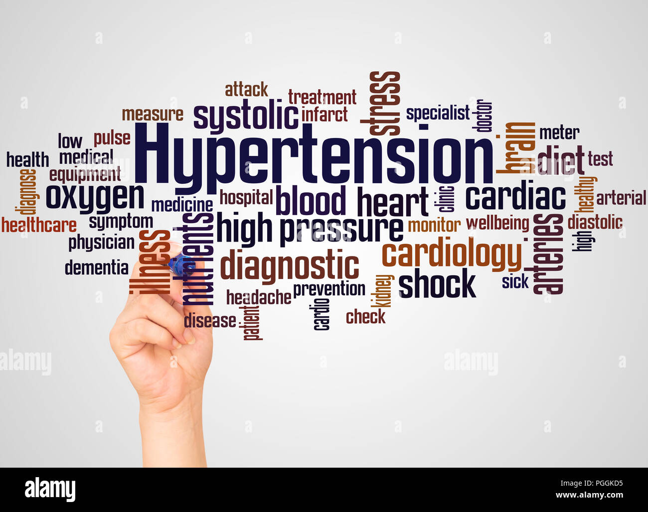 Hypertension word cloud and hand with marker concept on gradient background. High blood pressure. Stock Photo