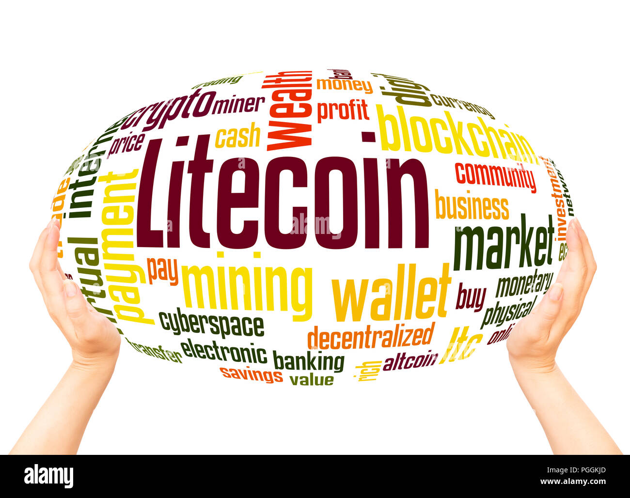 Litecoin word cloud sphere concept on white background. Stock Photo
